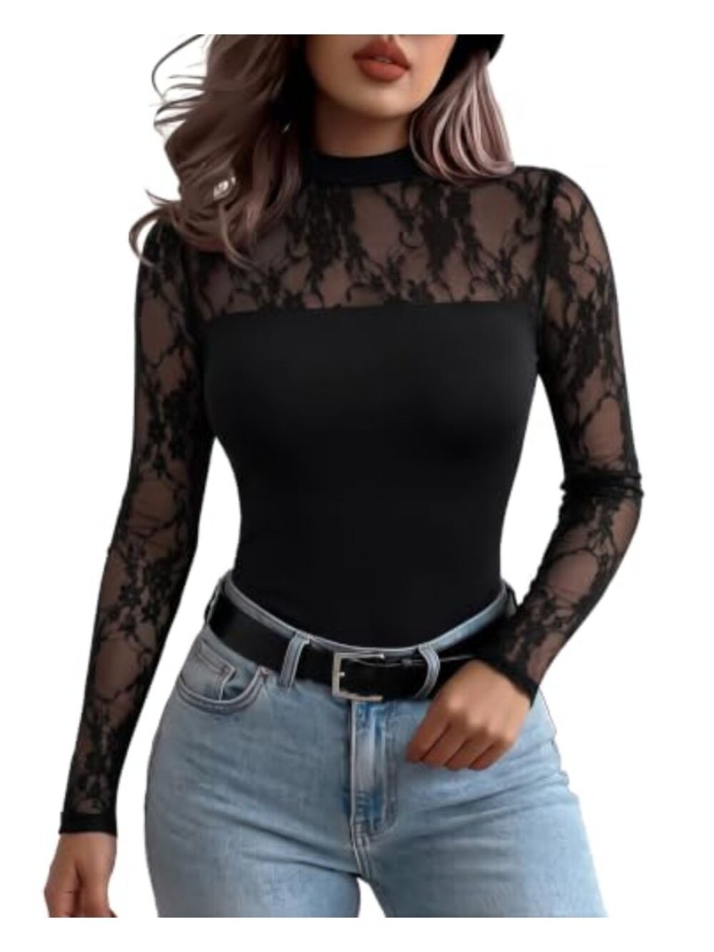 Long Sleeve Lace Mesh Sheer Blouse